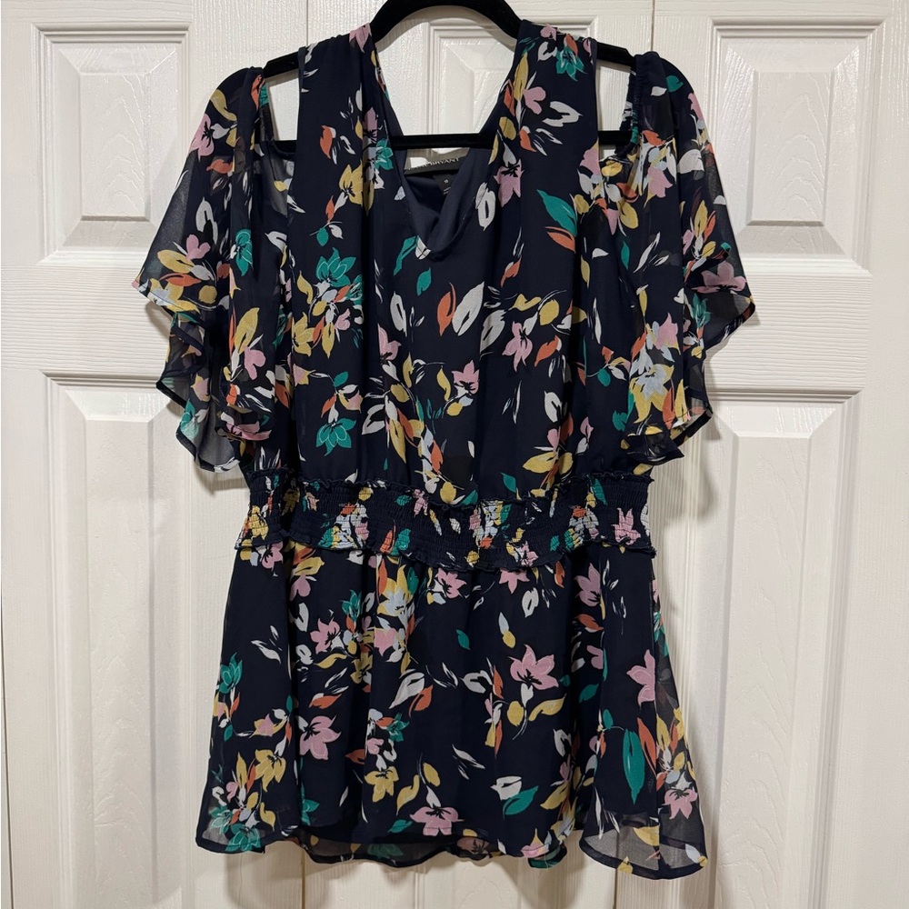 Lane Bryant Blue and Black Asymmetrical Flutter Sleeve Blouse